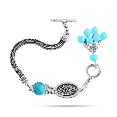 Egyptian Women Silver Bracelet Crowned with Turquoise Stone - Turquoise - Bracelets