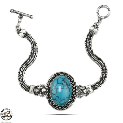Egyptian Women Silver Bracelet Crowned with Turquoise Stone - Turquoise - Bracelets