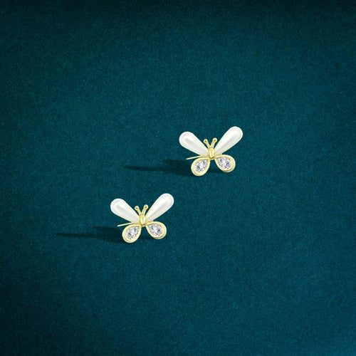 Gold Butterfly Earring with pearls and sparkling zircon - 925 Sterling Silver - fathyibrahim