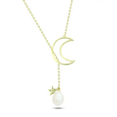 Gold Crescent and Pearl - 925 Silver Necklace - White - NECKLACES