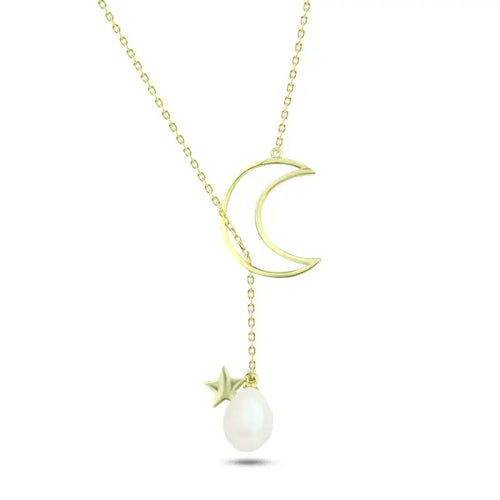 Gold Crescent and Pearl - 925 Silver Necklace - White - NECKLACES