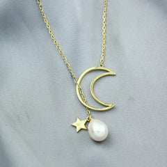 Gold Crescent and Pearl - 925 Silver Necklace - White - NECKLACES