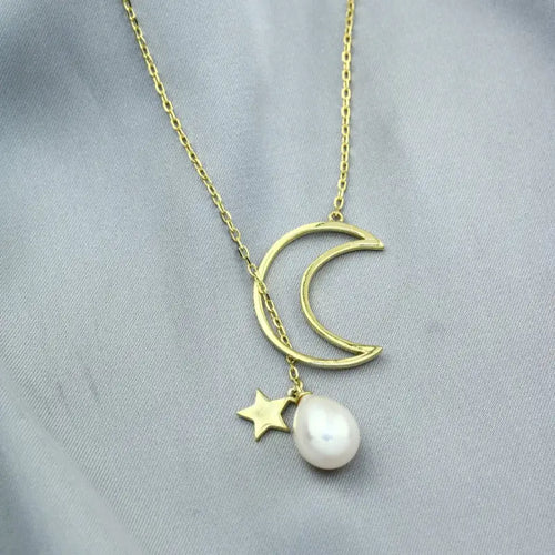 Gold Crescent and Pearl - 925 Silver Necklace - White - NECKLACES