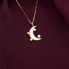 Gold Crescent and Stars 925 Silver Necklace - Multi Color - NECKLACES