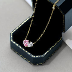 Gold Double Heart-925 silver necklace - Pink