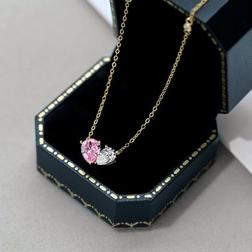Gold Double Heart-925 silver necklace - Pink