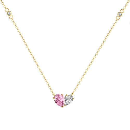 Gold Double Heart-925 silver necklace - Pink