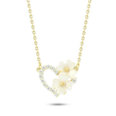 Gold Heart with Flowers – 925 Silver Necklace - Gold - NECKLACES