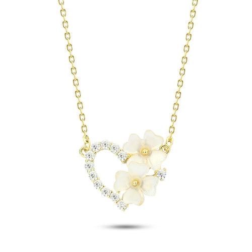 Gold Heart with Flowers – 925 Silver Necklace - Gold - NECKLACES