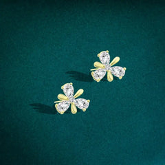 Golden Flower Earring with Zircon Lobes - 925 Sterling Silver - Transparent