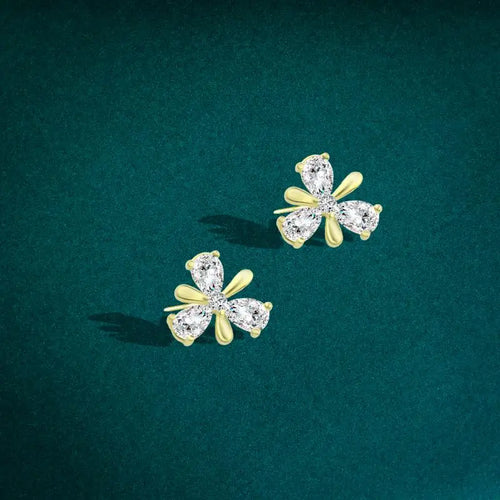 Golden Flower Earring with Zircon Lobes - 925 Sterling Silver - Transparent