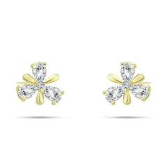 Golden Flower Earring with Zircon Lobes - 925 Sterling Silver - Transparent