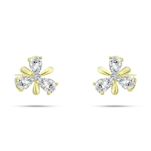 Golden Flower Earring with Zircon Lobes - 925 Sterling Silver - Transparent