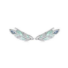 Green Feather Earring - 925 sterling silver - Multi Color
