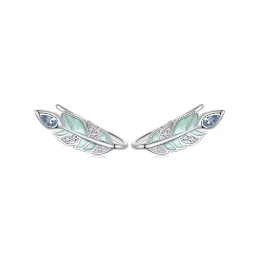 Green Feather Earring - 925 sterling silver - Multi Color
