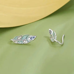 Green Feather Earring - 925 sterling silver - Multi Color
