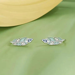 Green Feather Earring - 925 sterling silver - Multi Color