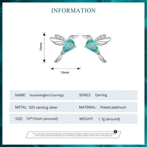 Green Hummingbird Earring - 925 sterling silver - Light-Blue