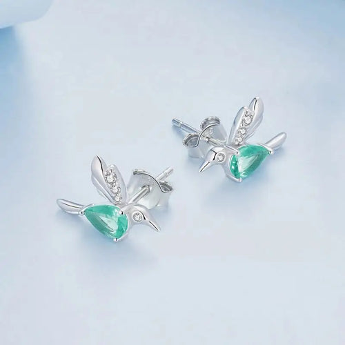 Green Hummingbird Earring - 925 sterling silver - Light-Blue