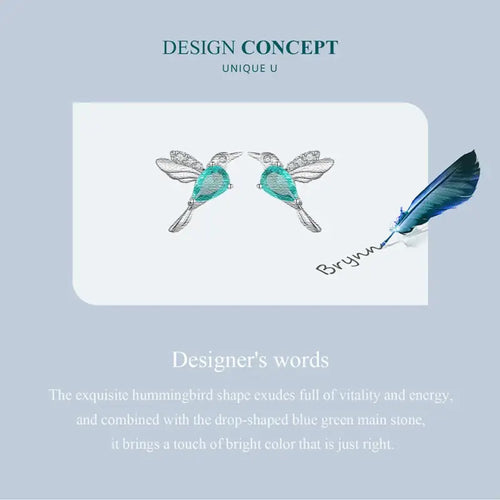 Green Hummingbird Earring - 925 sterling silver - Light-Blue