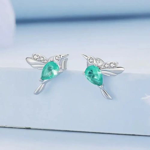 Green Hummingbird Earring - 925 sterling silver - Light-Blue