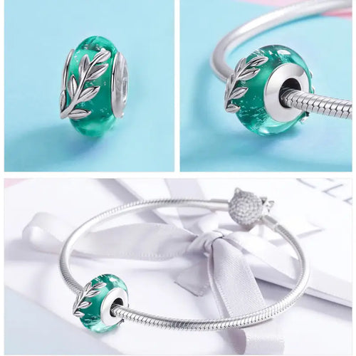 Green leaf 925 Silver Charm - Multi Color
