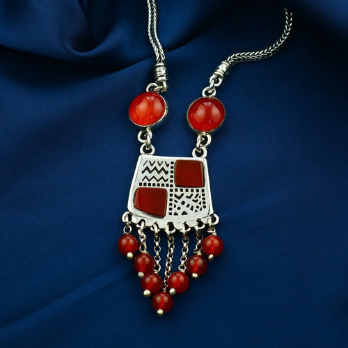 Handmade Arabic 925 Sterling Silver Necklace with Agate stone - Brown