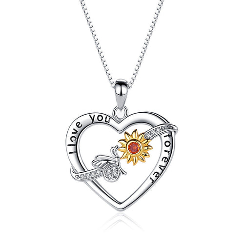 Heart and Sunflower 925 Silver Necklace - Transparent