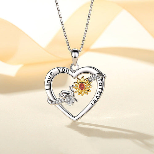 Heart and Sunflower 925 Silver Necklace - Transparent