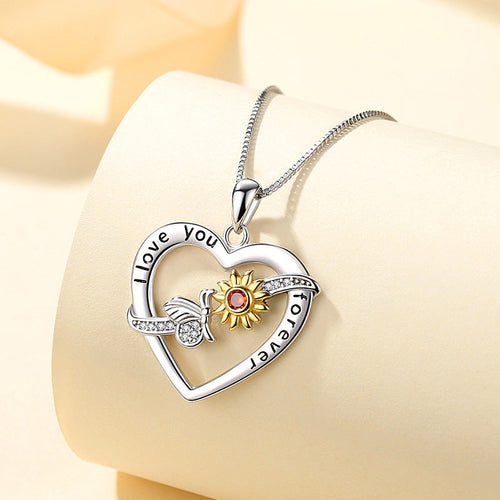Heart and Sunflower 925 Silver Necklace - Transparent