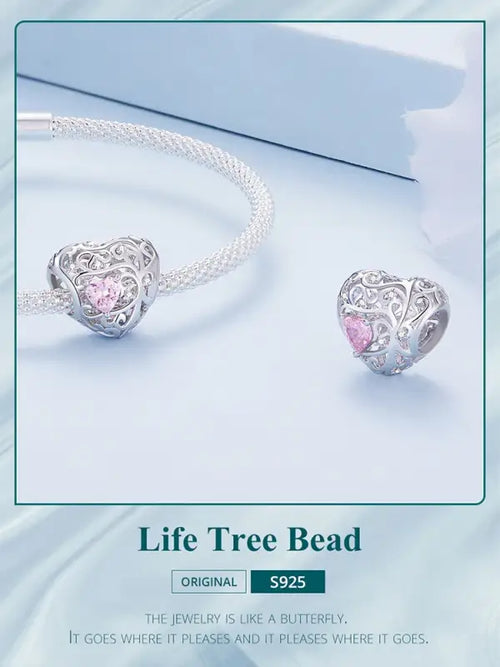 Hollow heart shaped charm - 925 sterling silver - Pink