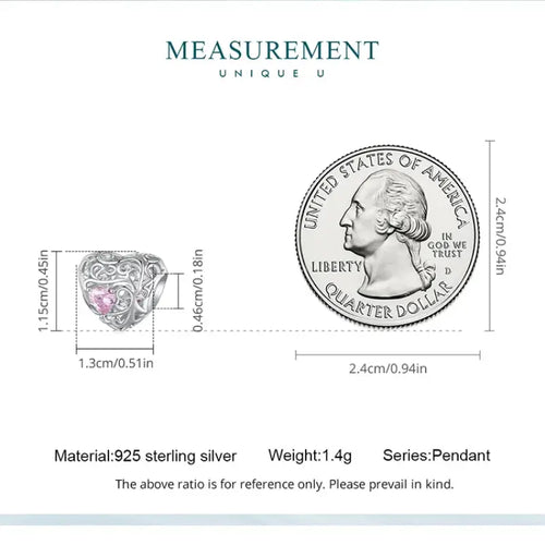 Hollow heart shaped charm - 925 sterling silver - Pink