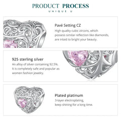 Hollow heart shaped charm - 925 sterling silver - Pink