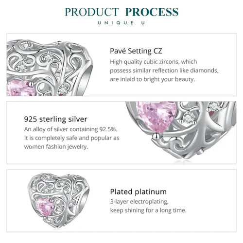 Hollow heart shaped charm - 925 sterling silver - Pink