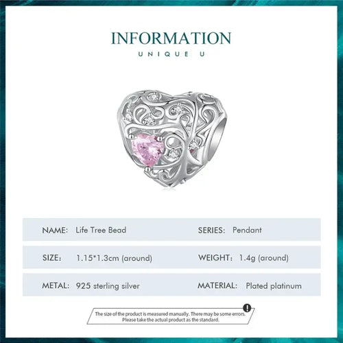 Hollow heart shaped charm - 925 sterling silver - Pink