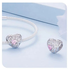 Hollow heart shaped charm - 925 sterling silver - Pink