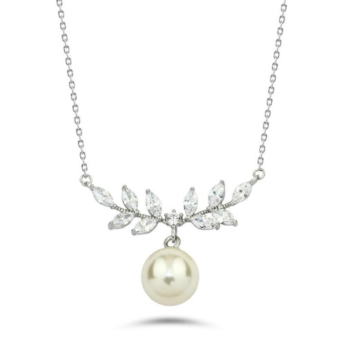 Leaves with Pearl stone - 925 Silver Necklace - Transparent - NECKLACES