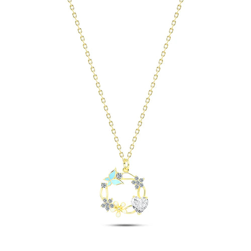 Love Flowers and Butterfly 925 Silver Necklace - Yellow