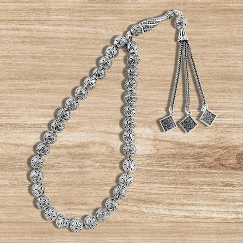 Luxury Turkish round misbaha with three engraved pendants 33beads - Rosary