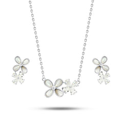 Mother Of Pearl & Zircon Flowers 925 Sterling Silver Set - fathyibrahim