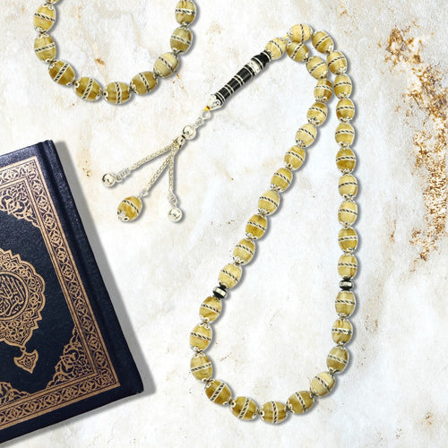 Natural Yusr & Amber Rosary inlaid with silver and, 33 Beads - fathyibrahim