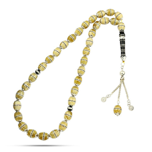 Natural Yusr & Amber Rosary inlaid with silver and, 33 Beads - fathyibrahim