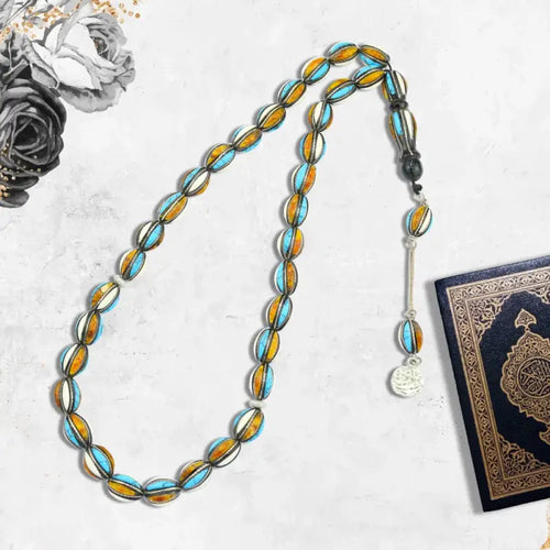 Natural Yusr Rosary inlaid with silver & Bone Turquoise & Amber 33Beads - Multi Color - Rosary