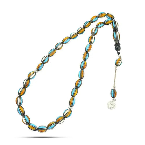 Natural Yusr Rosary inlaid with silver & Bone Turquoise & Amber 33Beads - Multi Color - Rosary