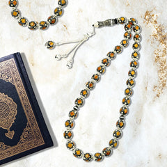 Natural Yusr Rosary inlaid with silver & Ivory and Amber, 33 Beads - fathyibrahim