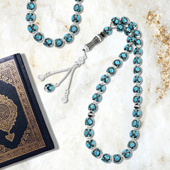 Natural Yusr Rosary Inlaid with Silver & Turquoise ,33 beads - fathyibrahim