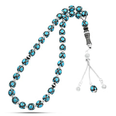 Natural Yusr Rosary Inlaid with Silver & Turquoise ,33 beads - fathyibrahim