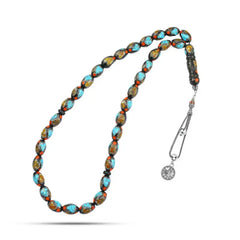 Natural Yusr Rosary inlaid with silver & Turquoise & Amber 33Beads - Multi Color - Rosary