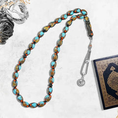Natural Yusr Rosary inlaid with silver & Turquoise & Amber 33Beads - Multi Color - Rosary