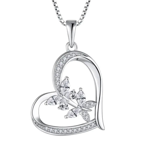 Necklace 925 Sterling Silver With a heart design featuring a butterfly - Transparent - NECKLACES